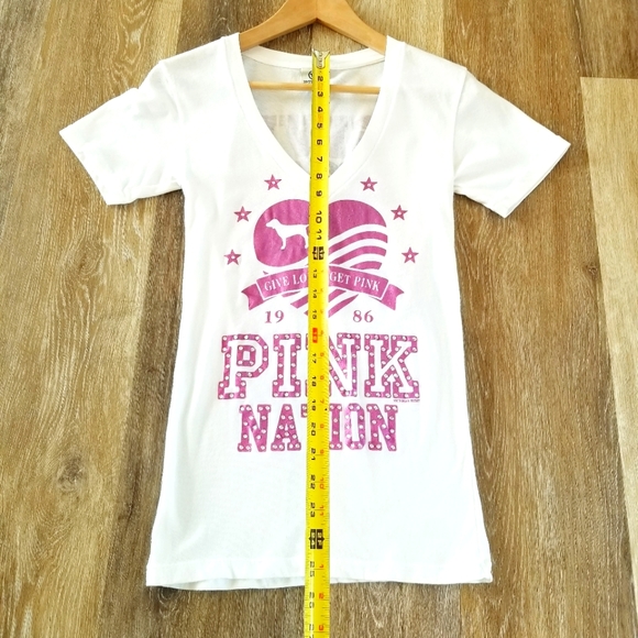 Victoria's Secret PINK Vintage Rhinestone Crystal Give Love V Neck Tee Shirt EUC - Picture 7 of 9
